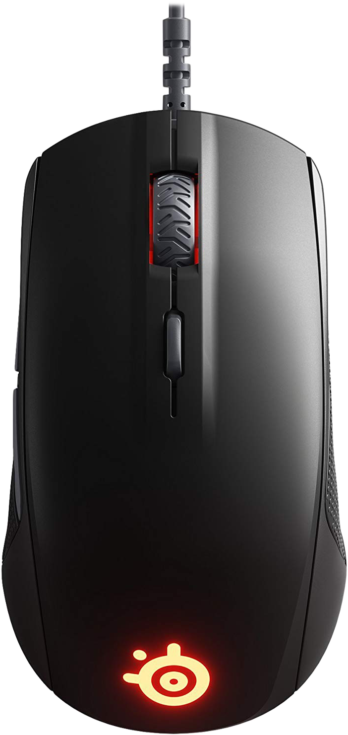 Fekete számítógépes egér görgővel és pirosan világító logóval.