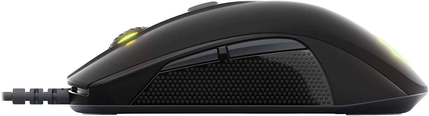 Egy fekete gamer egér oldalsó nézete világítási részletekkel és kábellel.