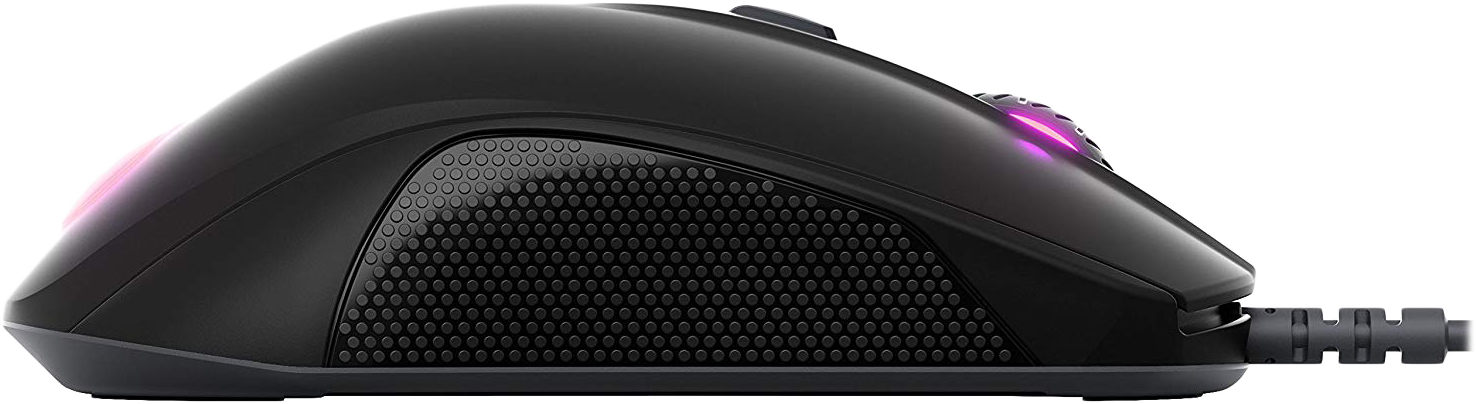 Egy fekete gamer egér oldalsó profilja piros és lila fényekkel.