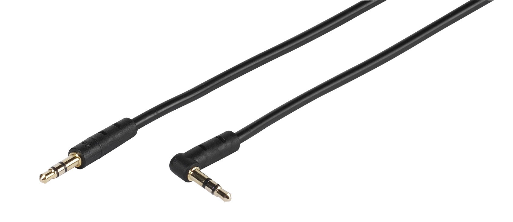 Schwarzes Audiokabel mit zwei 3,5-mm-Klinken, eines gerade, eines abgewinkelt, auf weißem Hintergrund.