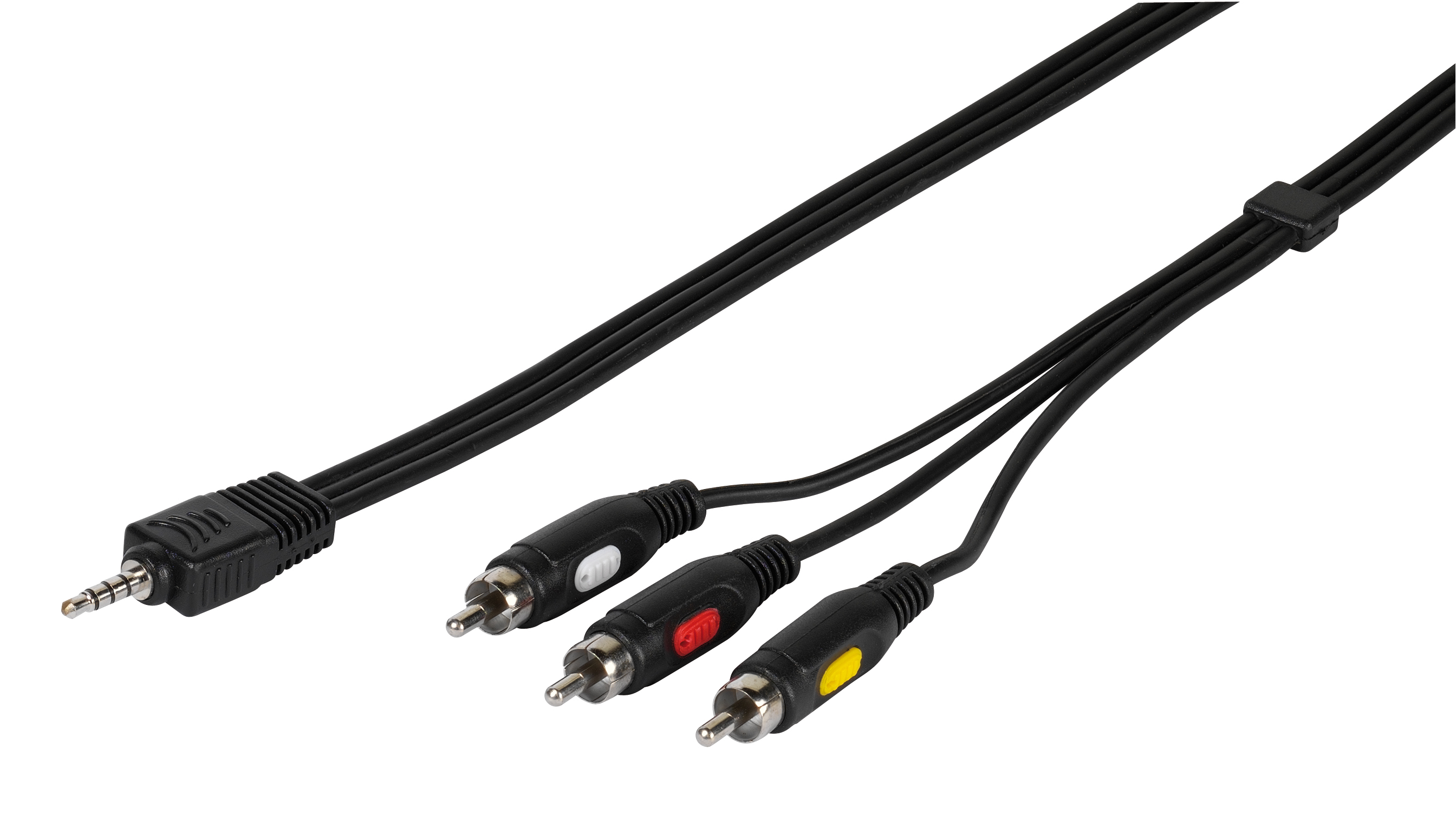 Schwarzes Audiokabel mit mehreren Cinch-Anschlüssen und einem Klinkenstecker.