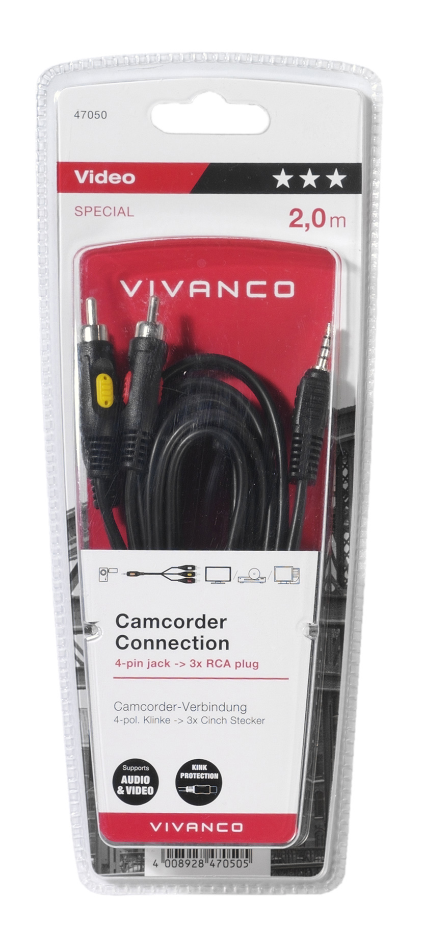 Eine Vivanco Camcorder-Kabelverpackung. Die Verpackung ist transparent und zeigt Kabel und Anschlüsse.