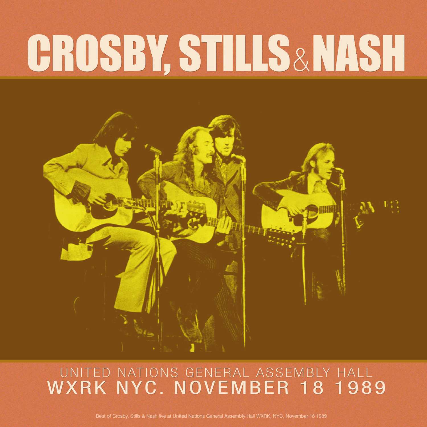 Crosby, Stills & Nash albumhoes. Vier mannen met gitaren op het podium.
