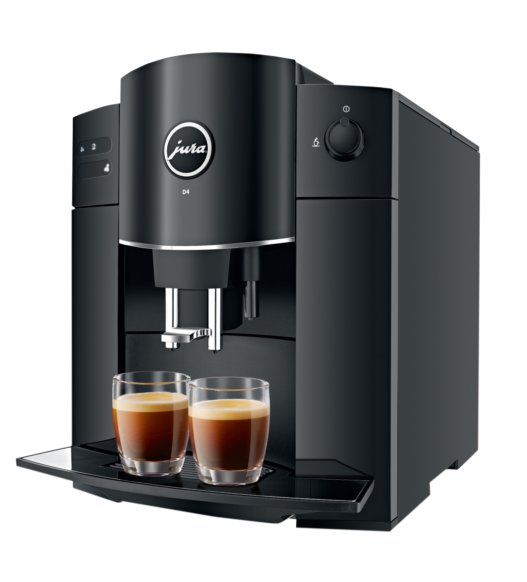 Eine schwarze Jura D4 Espressomaschine mit zwei Espressogläsern auf dem Tablett.