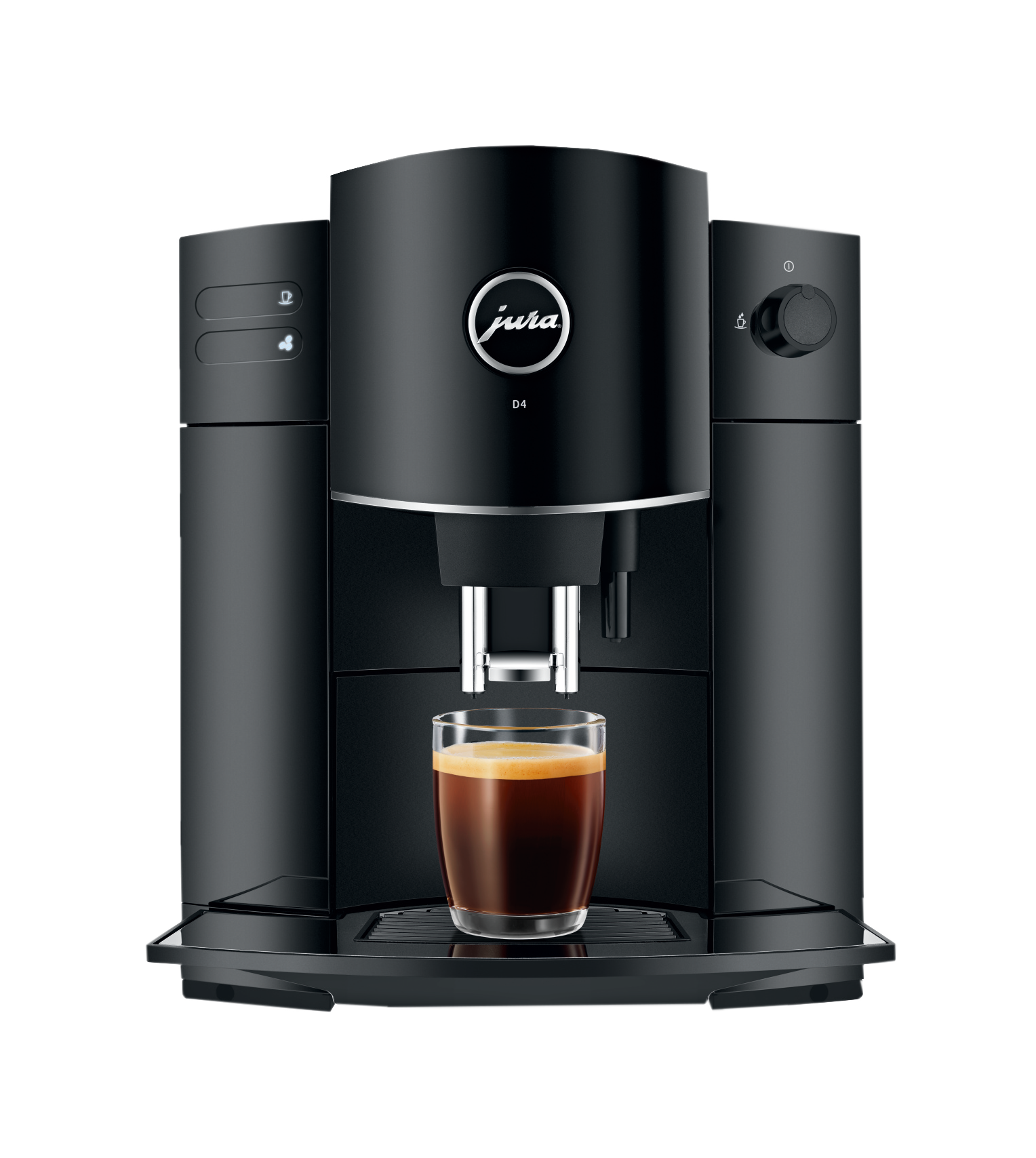 Schwarze Jura D4 Kaffeemaschine mit einem Glas Kaffee. Der Hintergrund ist dunkel.