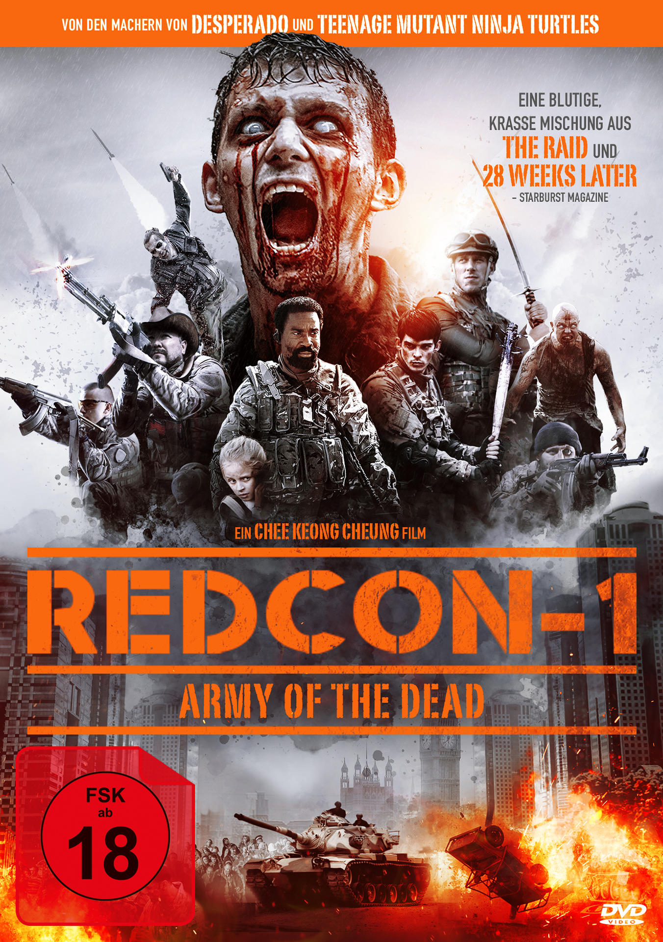 Filmposter: Redcon-1 Army of the Dead. Ein Zombie mit offenem Mund. Militärfiguren auf dem Poster.