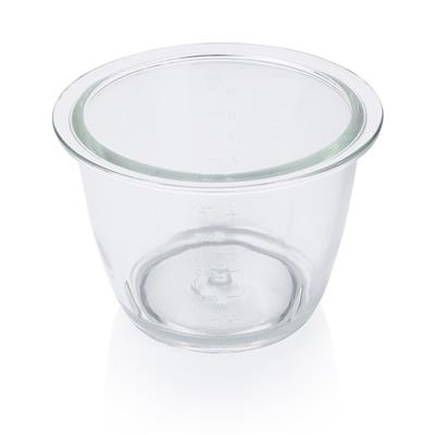 Clear glass bowl, empty, on a white surface. The bowl is round with a flared rim.