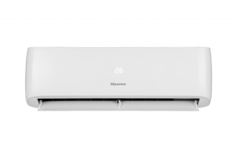 Aire acondicionado Hisense blanco con pantalla digital que muestra '26'. Horizontal, sobre fondo blanco.