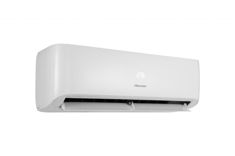 Aire acondicionado Hisense blanco sobre fondo blanco.
