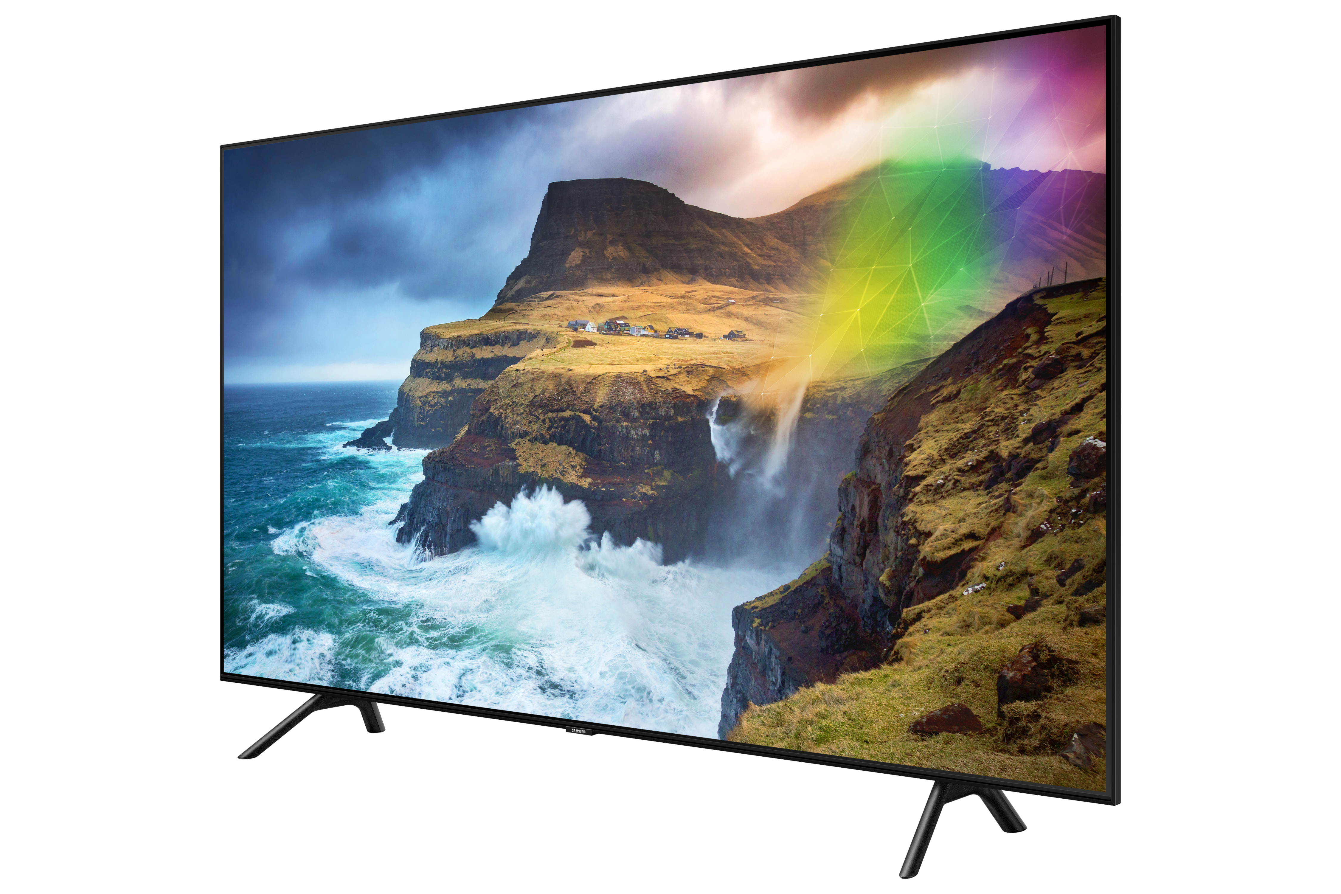 Großer schwarzer Fernseher, der eine Wasserfallszene zeigt. Farbspektrum am Himmel.