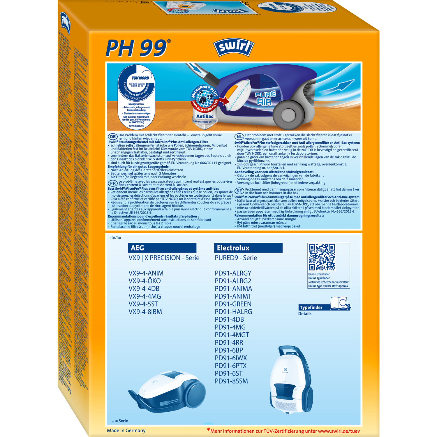 Box with vacuum cleaner bags, blue vacuum cleaner illustration.