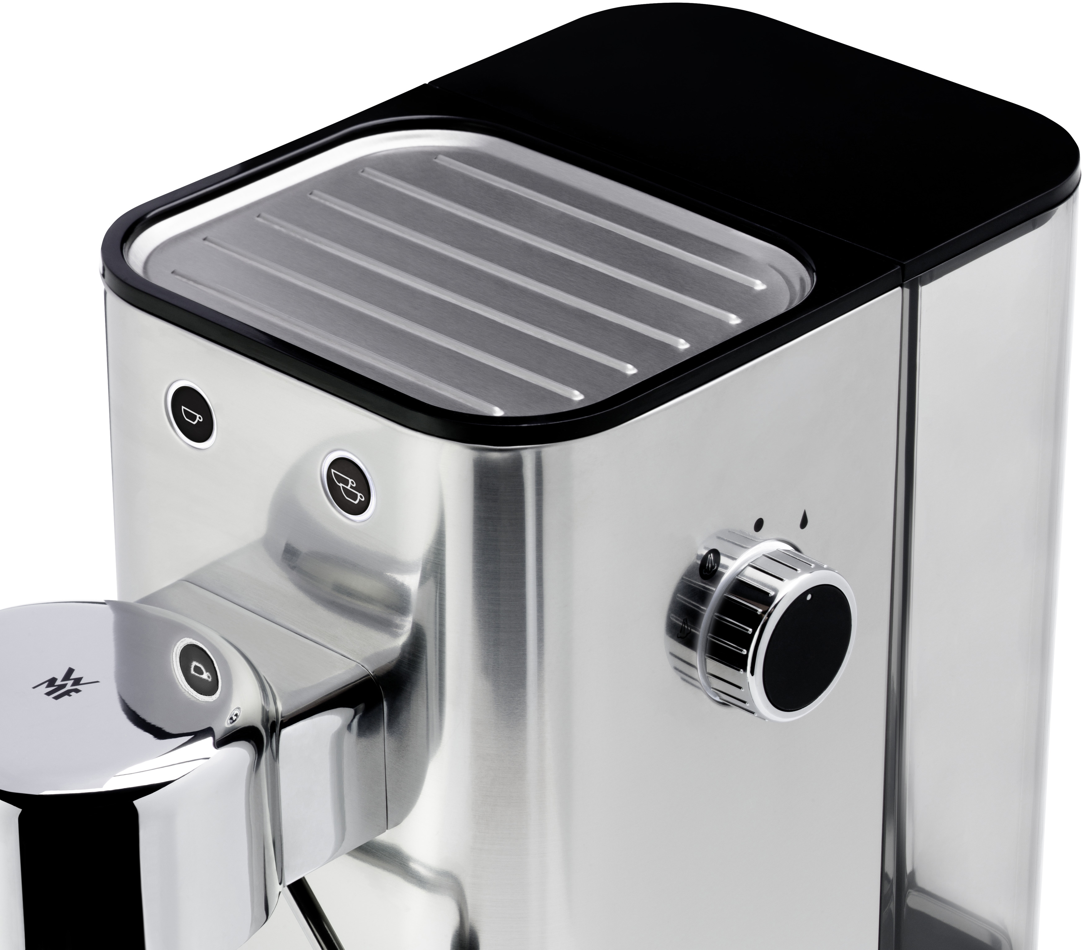 Kaffeemaschine aus Edelstahl mit schwarzen Akzenten und Drehregler.