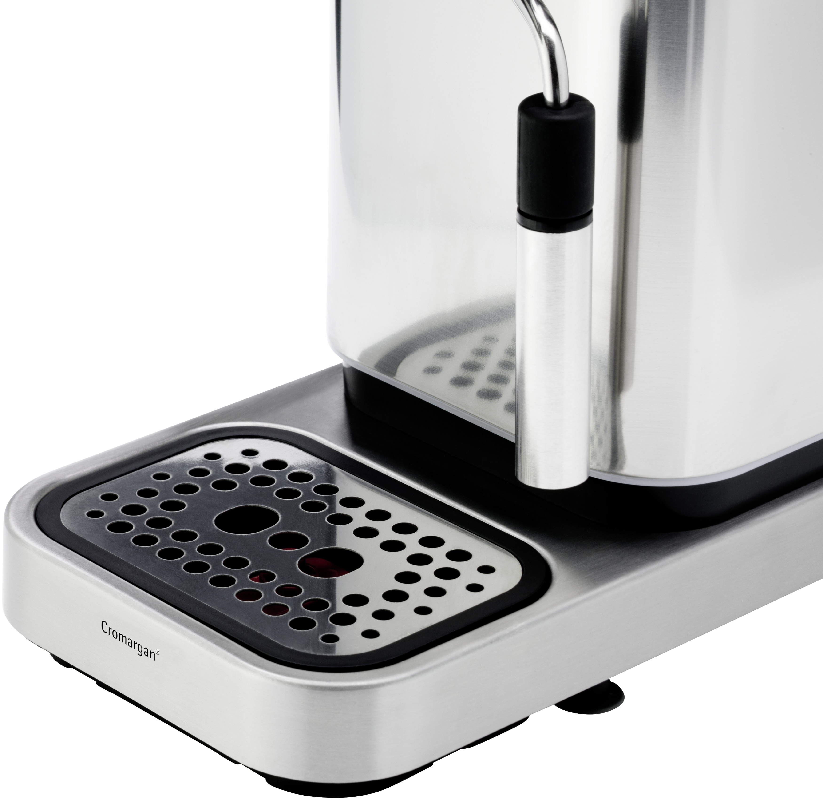 Nahaufnahme eines Edelstahl-Kaffeeautomaten von Cromargan.