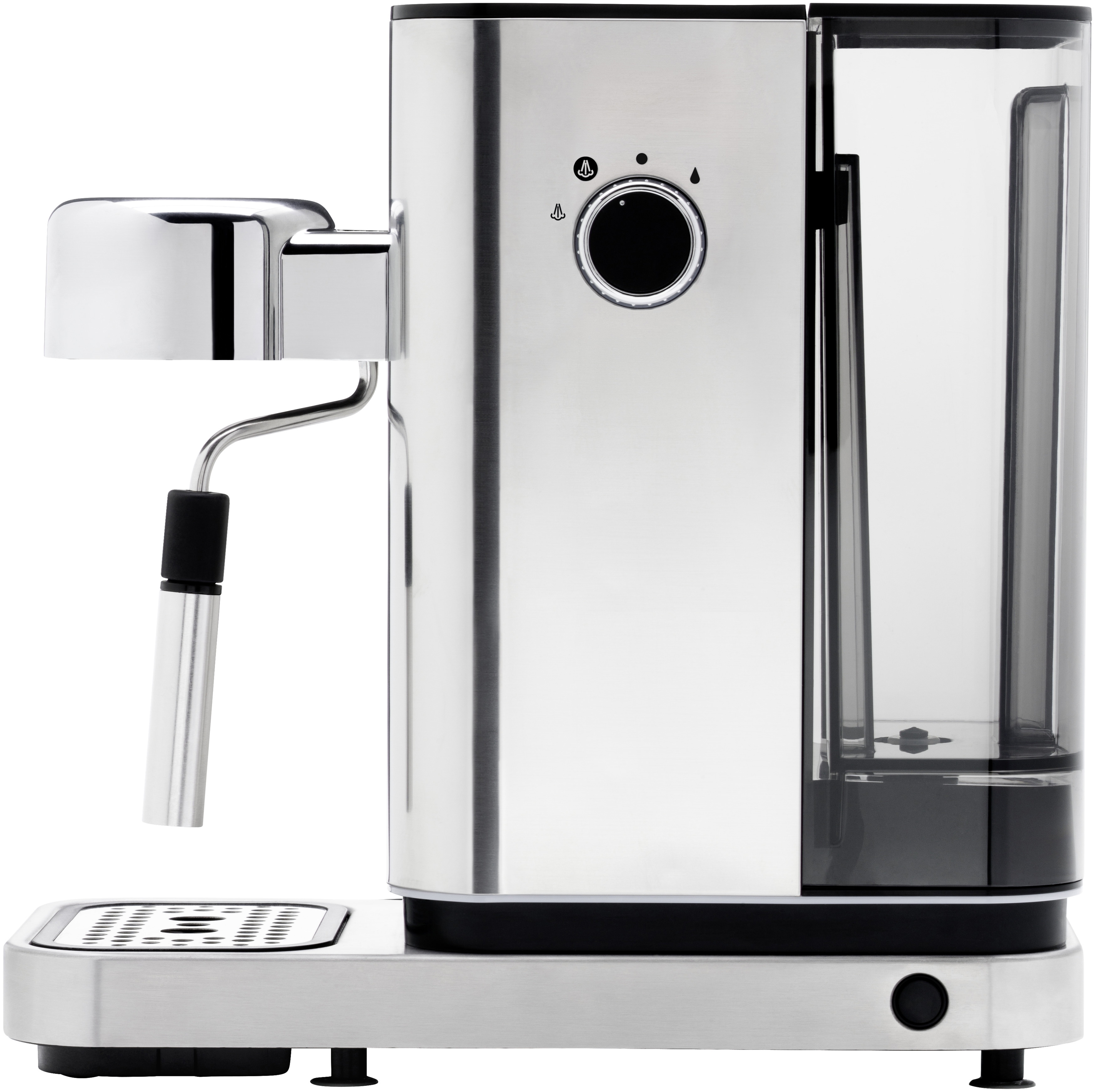 Silberne Kaffeemaschine mit schwarzem Bedienknopf und Wasserbehälter.