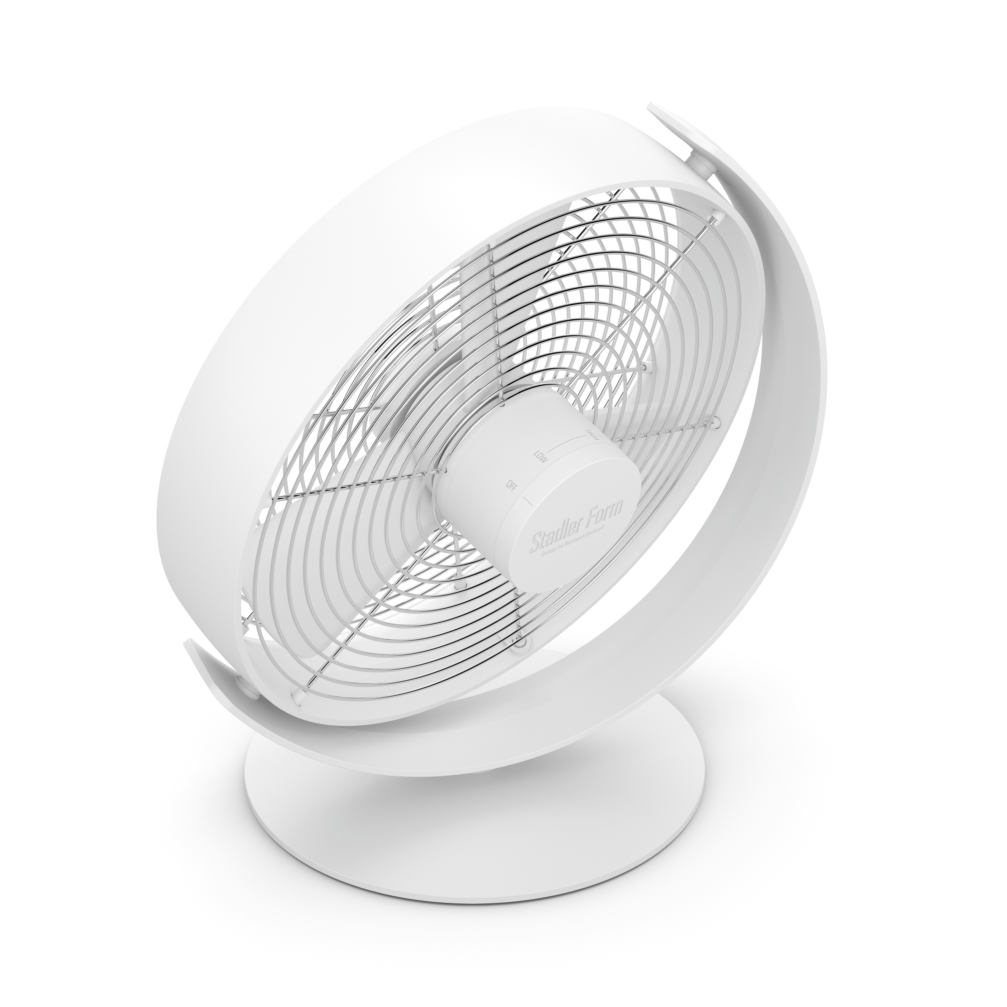 Ein weißer Ventilator mit kreisförmigem Design, isoliert auf weißem Hintergrund.