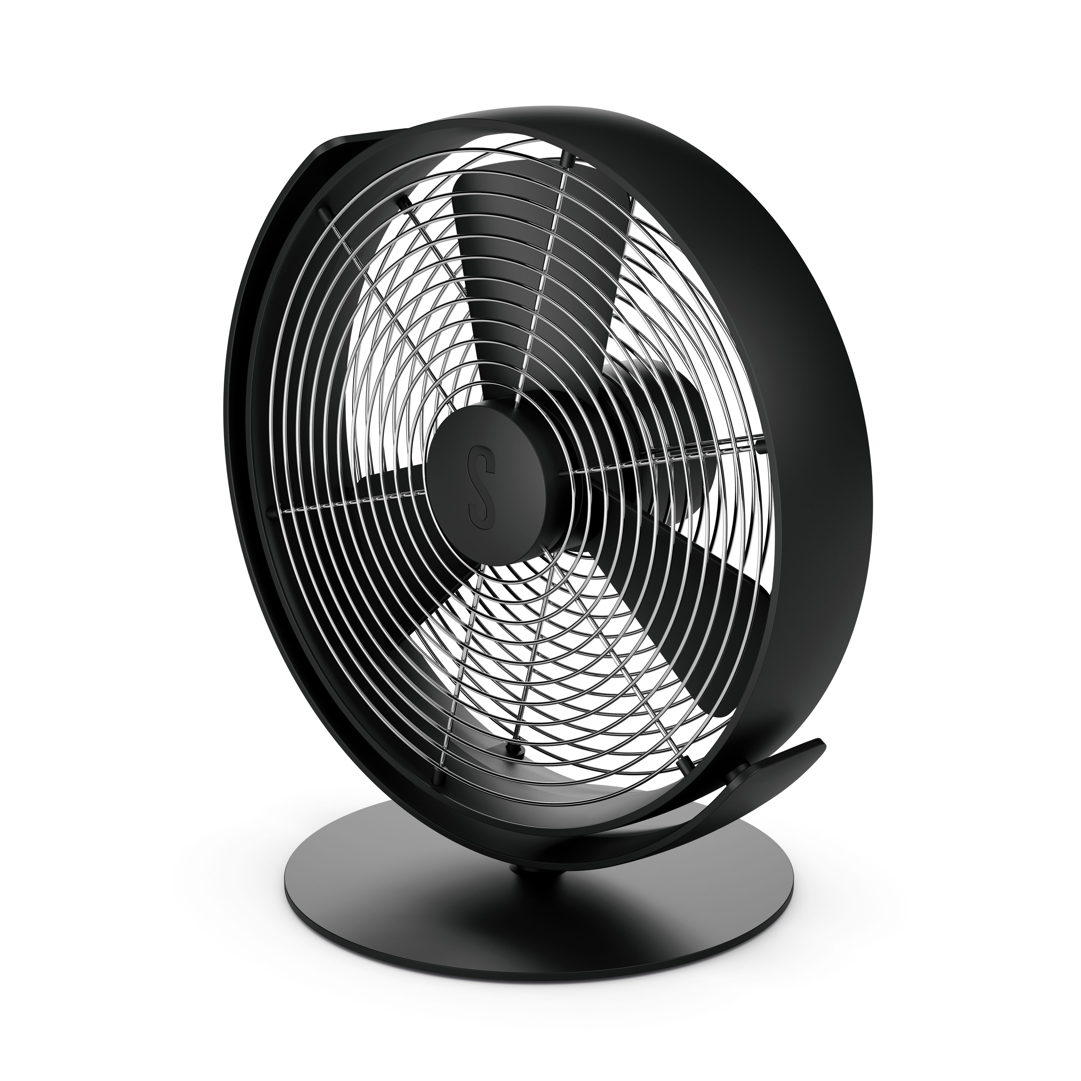 Schwarzer Ventilator auf einem Ständer. Der Ventilator hat ein kreisförmiges Design mit Metallgitter und schwarzem Sockel.