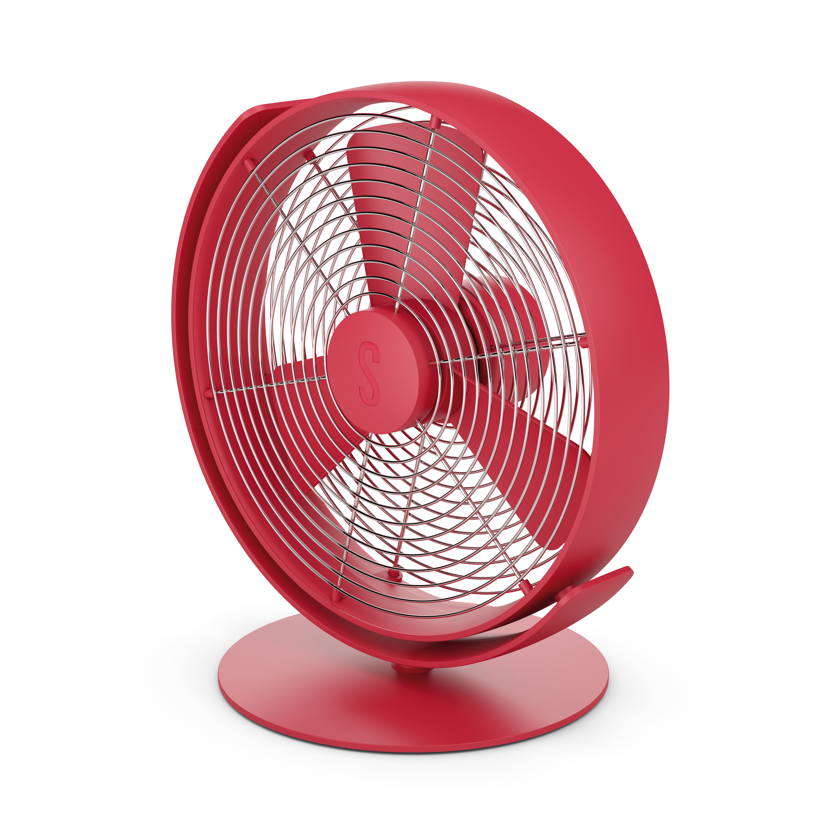 Ein roter Schreibtischventilator mit rundem Käfig und Flügeln, auf einem passenden Sockel, vor weißem Hintergrund.