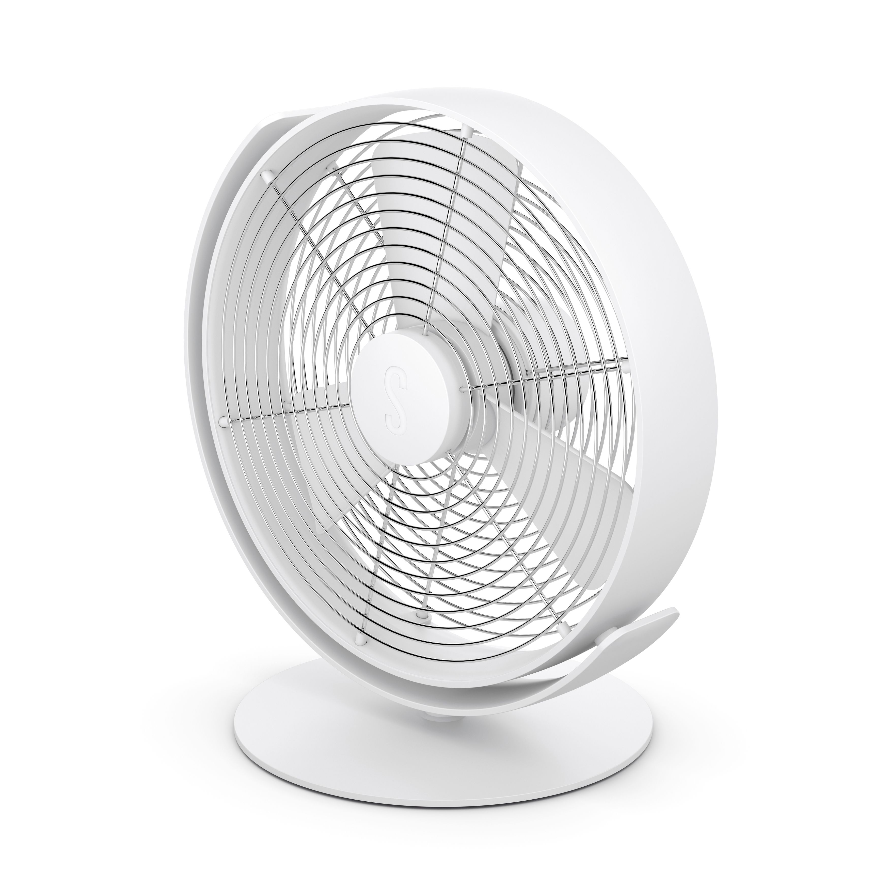 Weißer Tischventilator mit kreisförmigem Design und gebogenem Fuß.