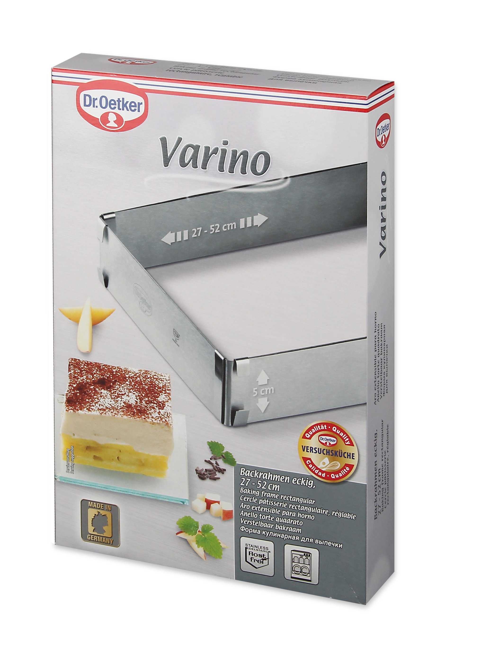 Verpackter Backrahmen, mit Kuchenstück und Anweisungen auf der Verpackung.