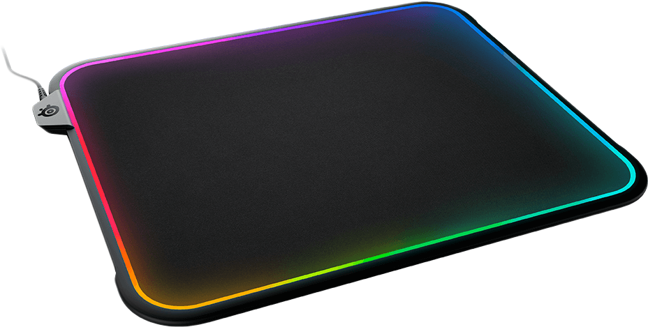 Fekete egérpad RGB-világítással a szélén, sötét háttéren látható.