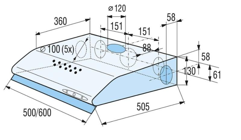 Egy diagram, amely egy páraelszívó méreteit mutatja.