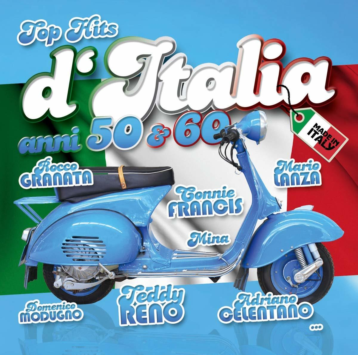 Blauer Roller mit italienischem Text und Etiketten auf Flaggenhintergrund.