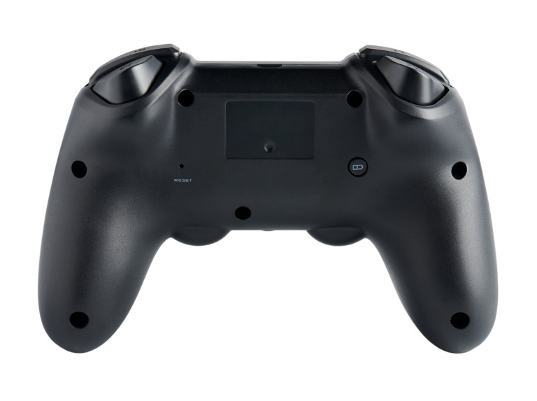 Zwarte gamepad, achteraanzicht, met knoppen en resetknop zichtbaar.