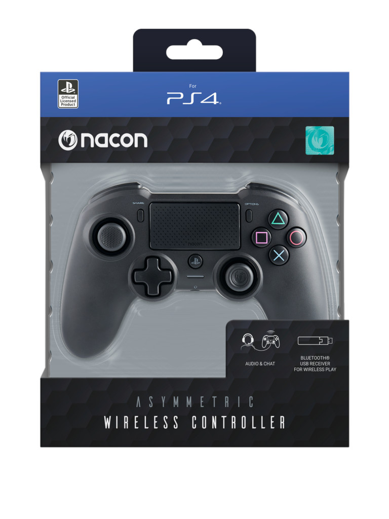 Zwarte en grijze PlayStation 4-controller in een doorzichtige doos. Tekst op de doos: Draadloze controller.