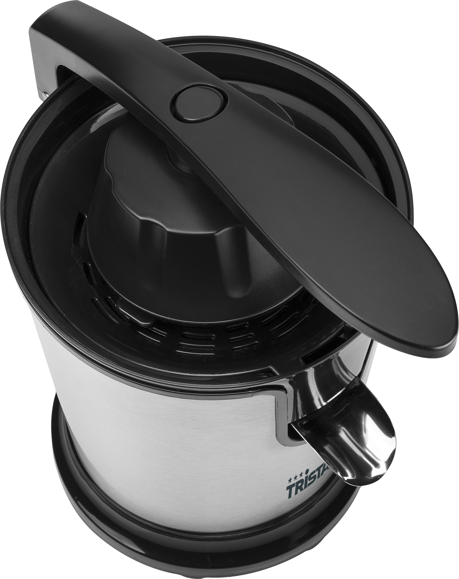 Stainless steel juicer with a black handle and lid. The Tristar logo is visible.