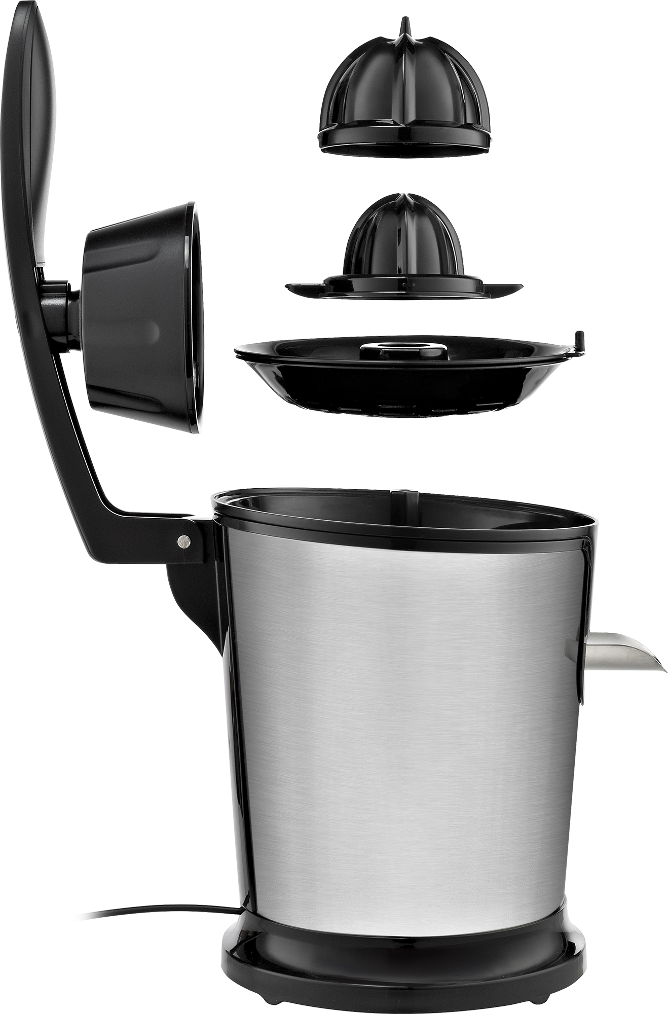 Juicer disassembled, showing parts: juicing head, auger, and container. Stainless steel.