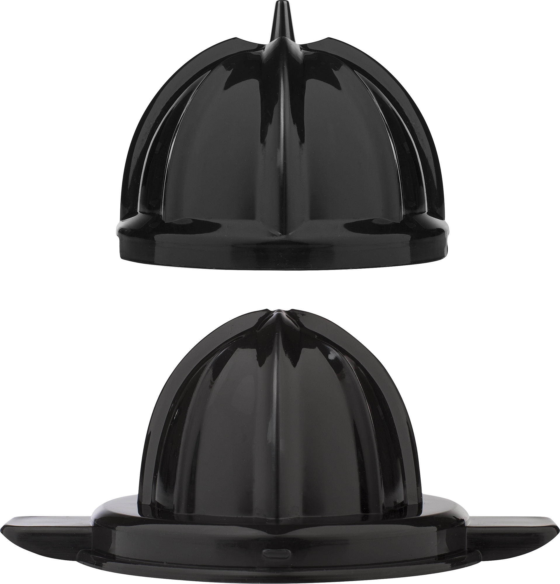 Black citrus juicer components. The top and bottom parts are shown separately.