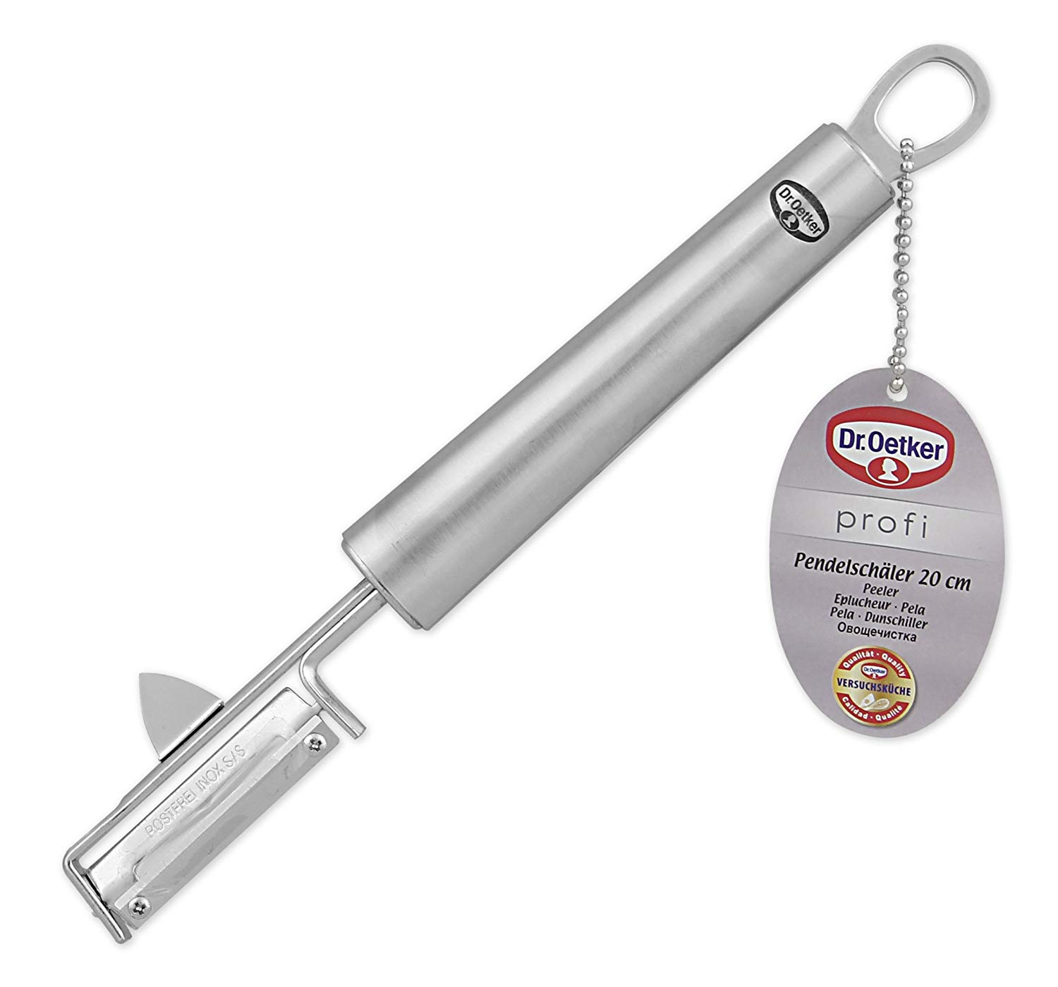 Silberner Sparschäler mit Dr. Oetker-Etikett und Anhänger.