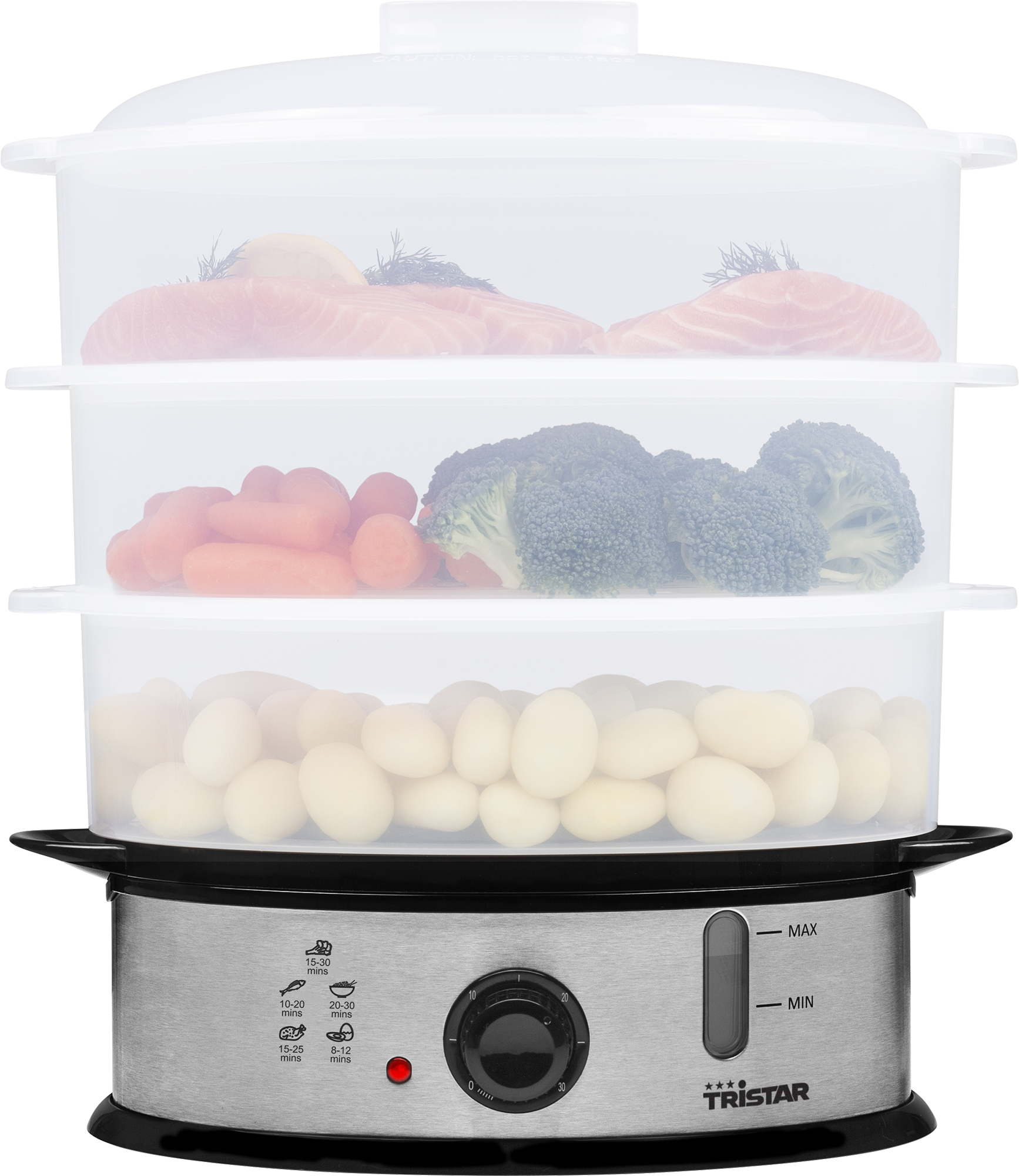 A three-tiered food steamer with vegetables and fish. Stainless steel base, clear plastic tiers.