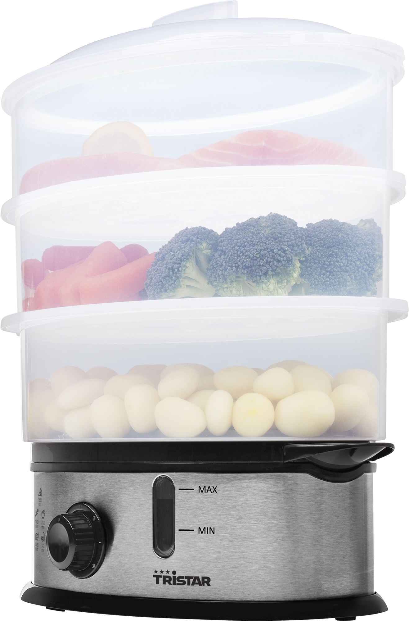 Food steamer with three tiers containing vegetables and potatoes.
