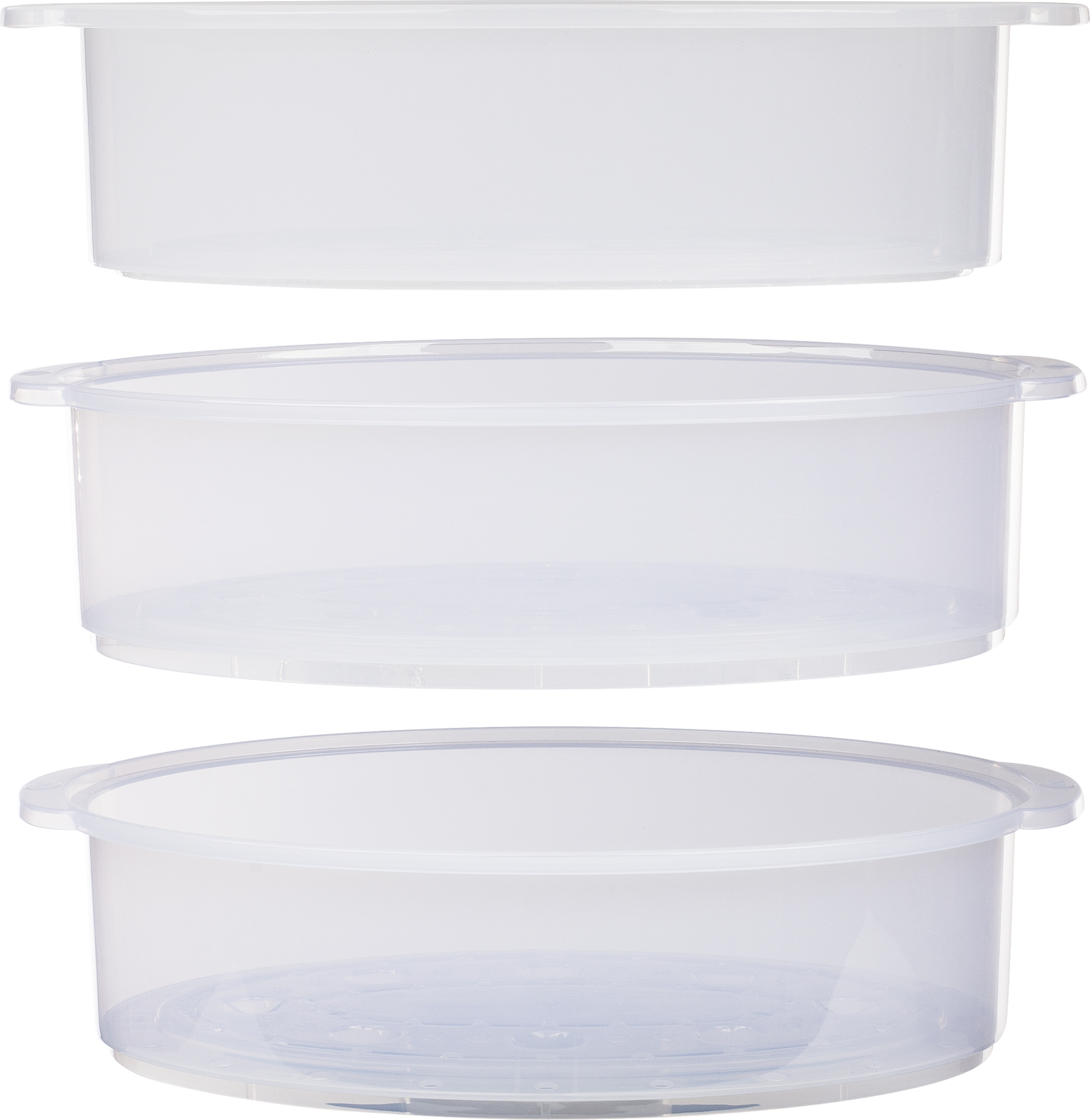 Three clear plastic containers in a vertical stack.
