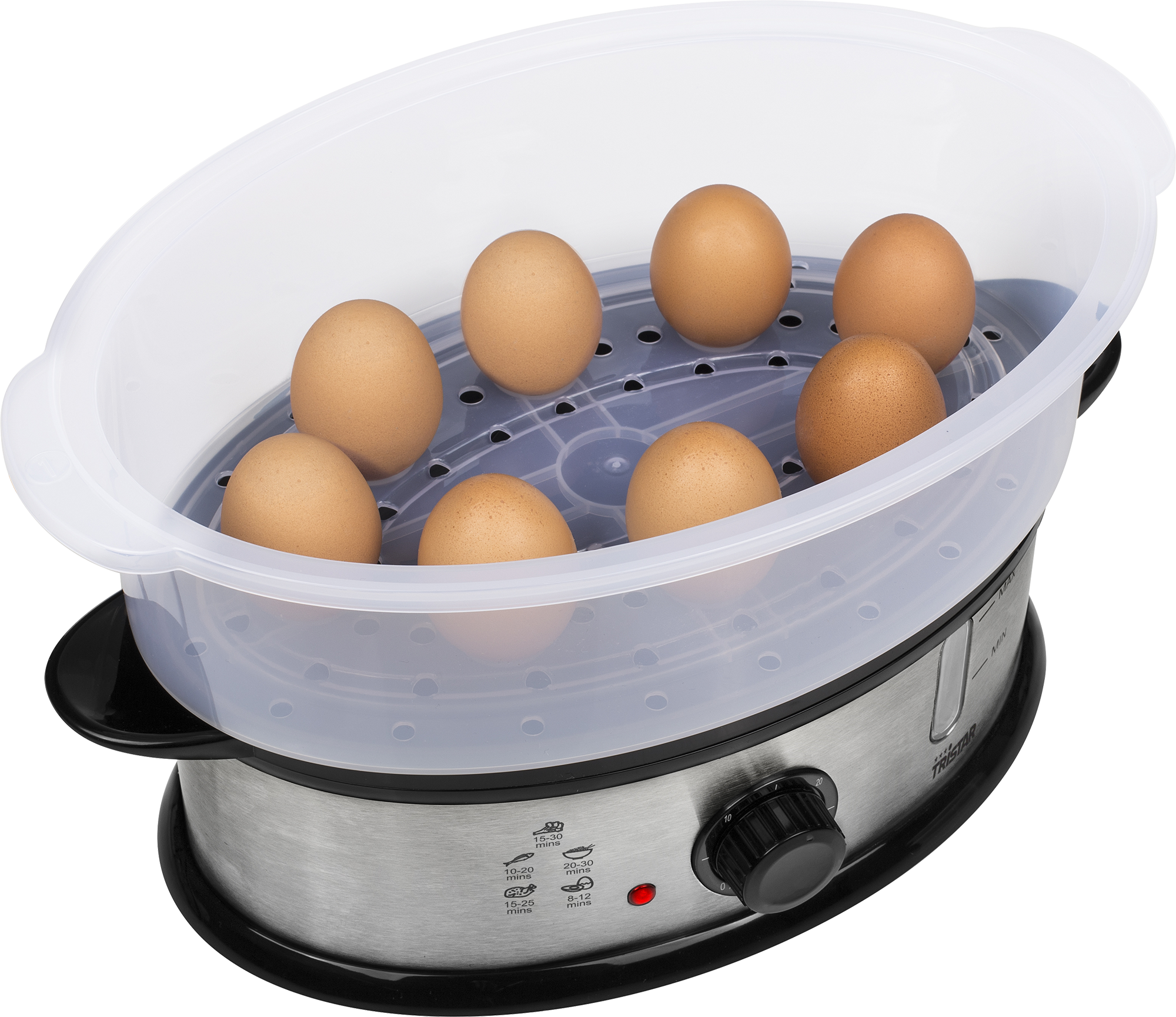 Egg steamer with eggs inside. Clear lid, silver base, and black accents. 7 brown eggs are visible.