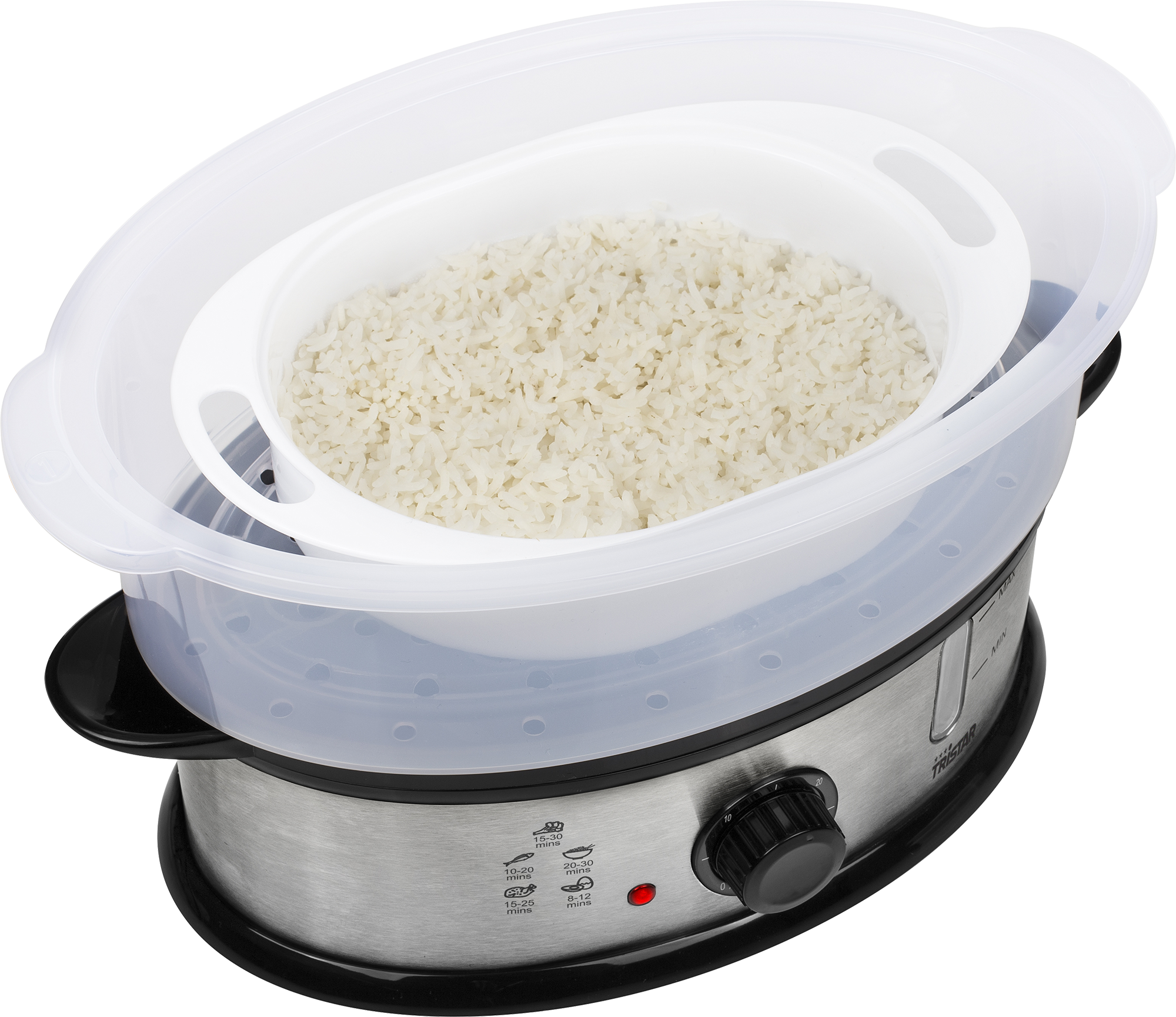 Steamer with rice. Rice is in a white bowl inside the steamer. The steamer is stainless steel.