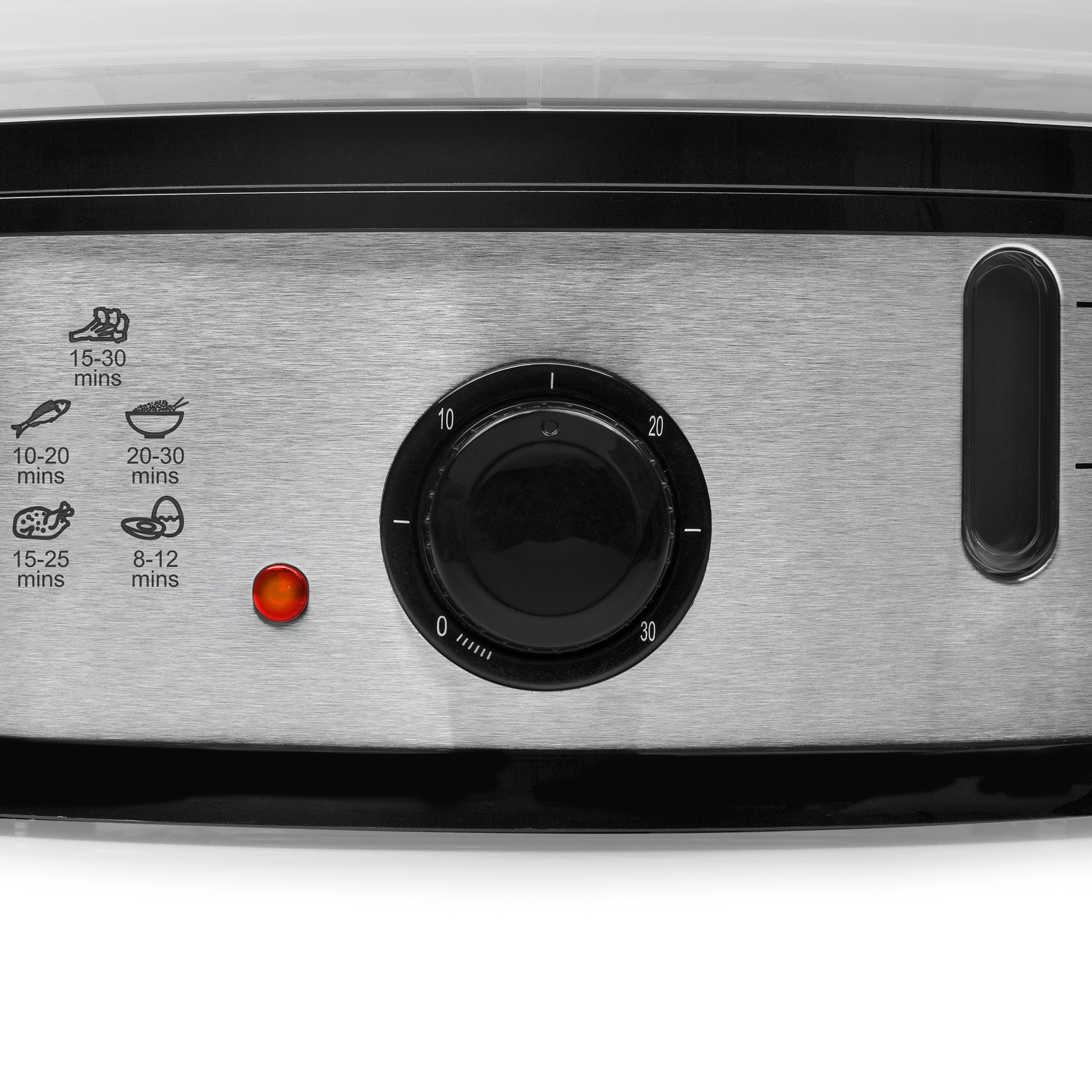 Close-up of a silver and black food steamer. It has a knob and indicator lights.