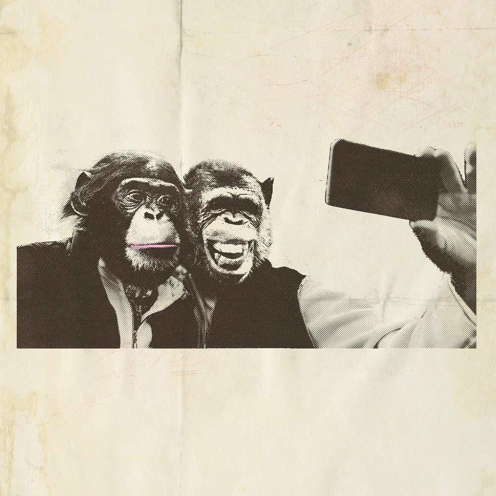 Zwei Schimpansen machen ein Selfie mit einem Handy. Graustufenbild auf altem Papier.