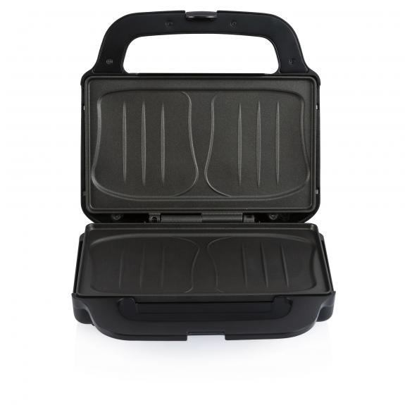 An opened panini press with two cooking areas. It is black and has a handle on the top.