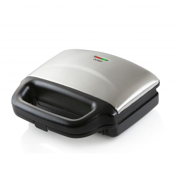 A closed silver and black sandwich maker, with a red and green light on the top.
