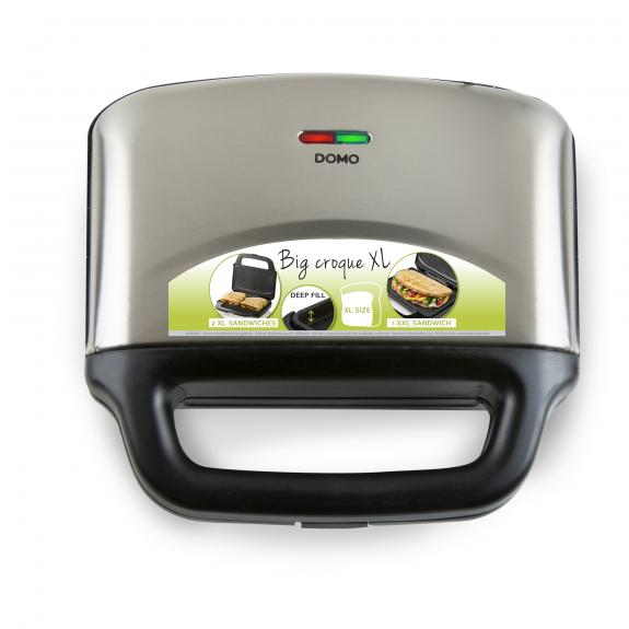 Silver and black sandwich maker with the word DOMO on it.