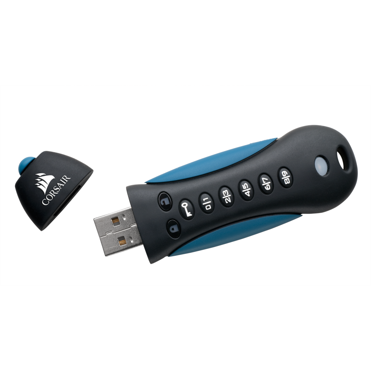 Memoria USB 64 GB - Corsair CMFPLA3B, 3.0, Cifrado de hardware, Negro y azul