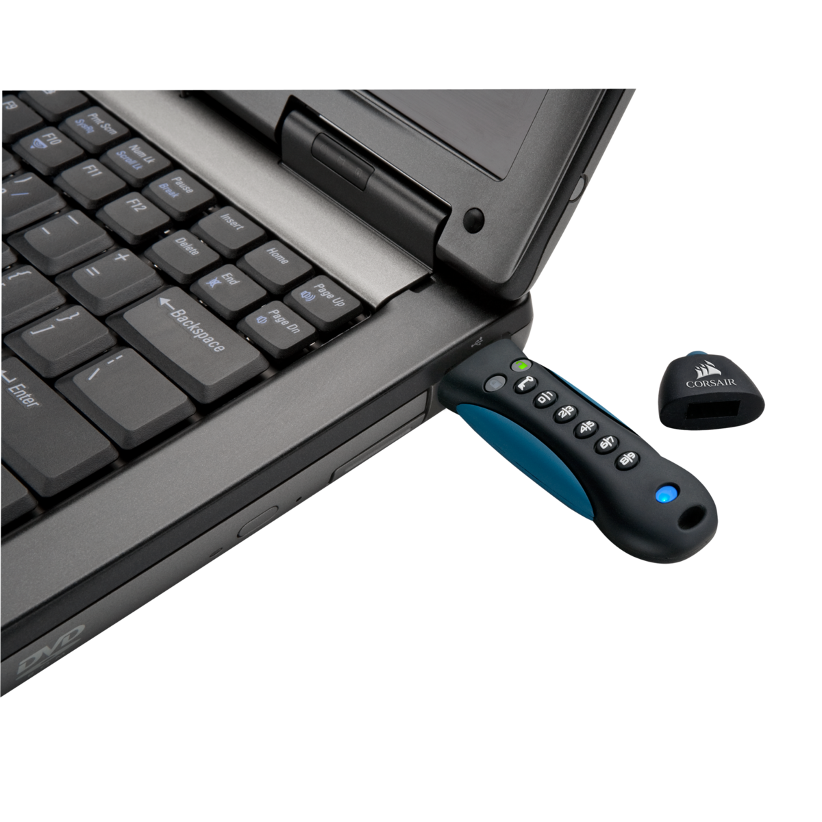 Memoria USB 64 GB - Corsair CMFPLA3B, 3.0, Cifrado de hardware, Negro y azul