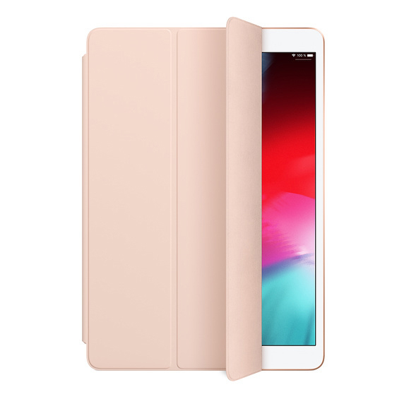 Ein Tablet in einem rosa Gehäuse, die Hülle teilweise geöffnet, zeigt den Bildschirm.