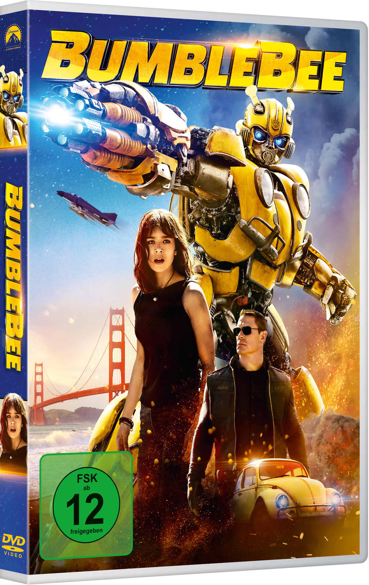 DVD-Cover: Bumblebee-Filmplakat mit Schauspielern und gelbem Roboter. Hintergrund: Stadt.