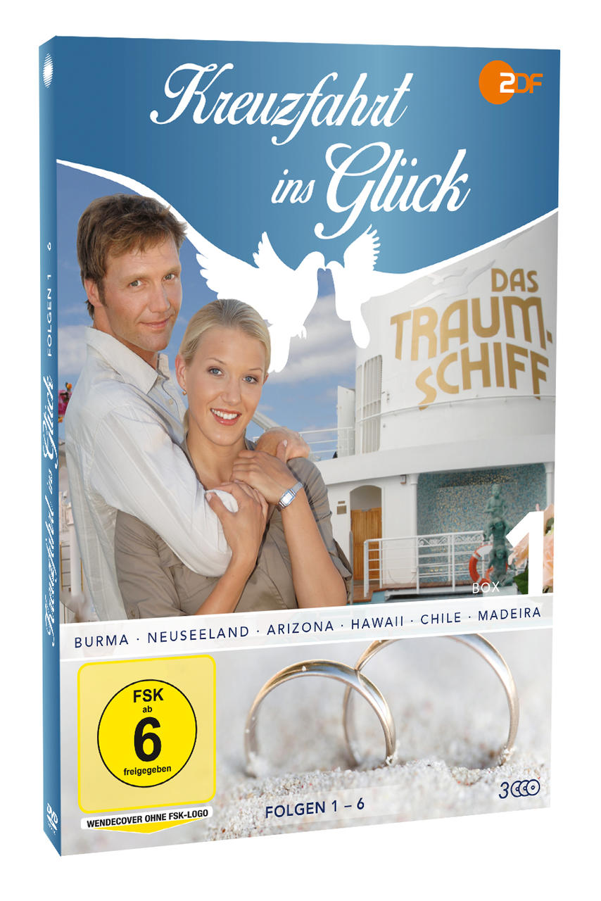 DVD-Cover: Paar umarmt sich. Text: 'Kreuzfahrt ins Glück'. Ringe im Sand im Vordergrund.