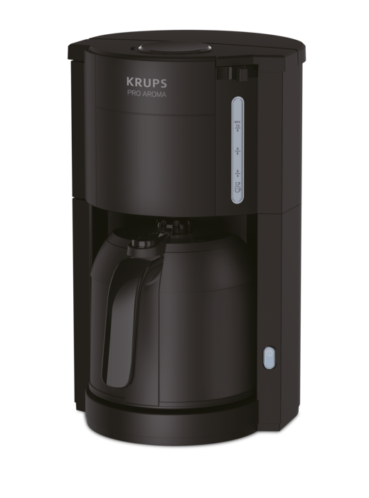 Zwarte Krups koffiezetapparaat met thermische kan en waterniveau-indicator.