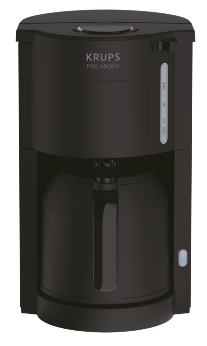 Zwarte Krups Pro Aroma koffiezetapparaat met kan en waterniveau-indicator.