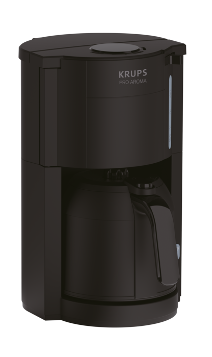 Zwarte Krups Pro Aroma koffiezetapparaat met glazen kan en waterniveau-indicator.